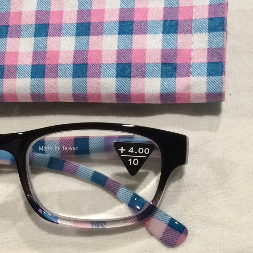 Pink & Blue Gingham Reading Glasses & MatchingCase